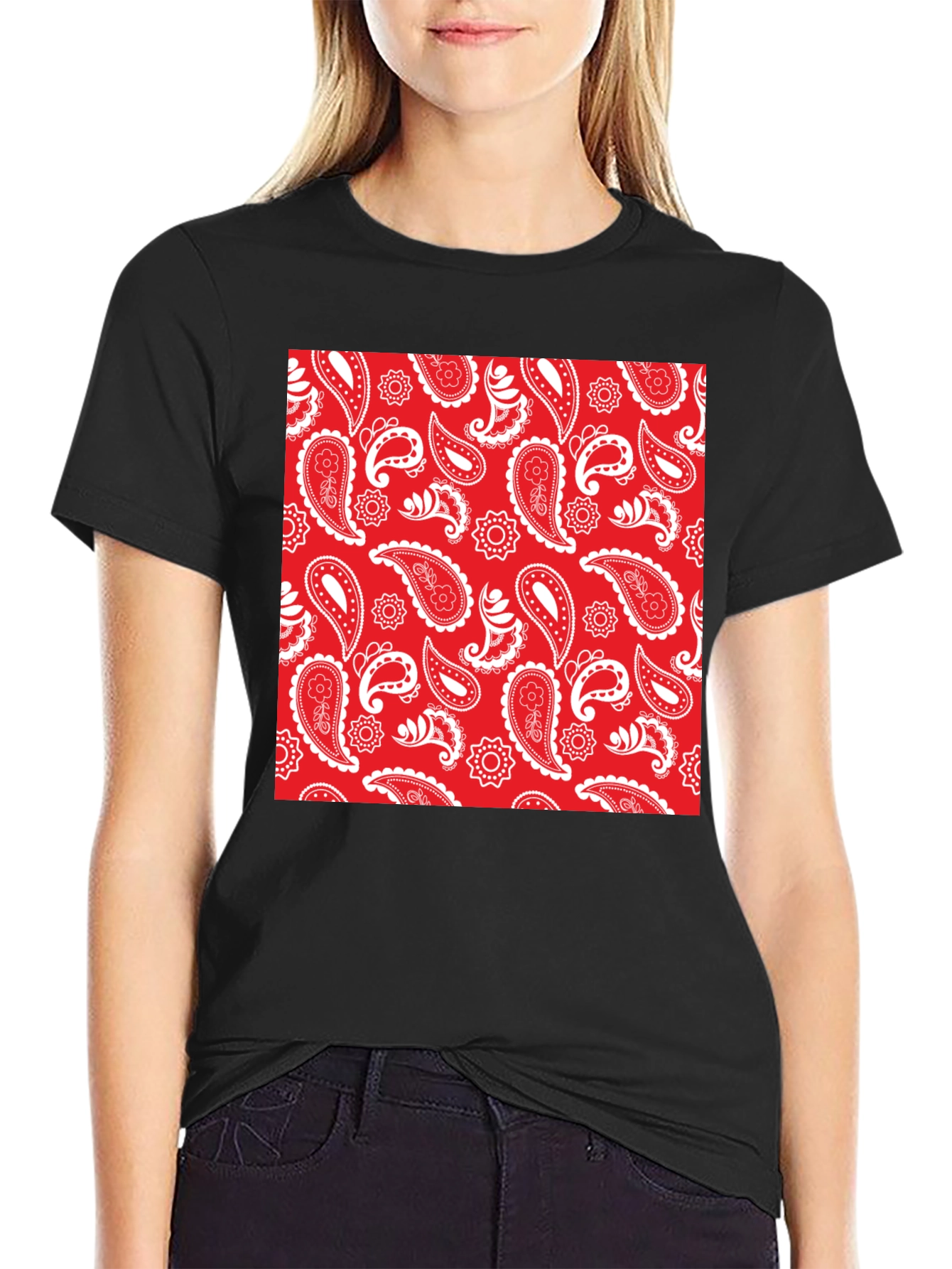 Red Paisley Print Black Crew Neck Tee