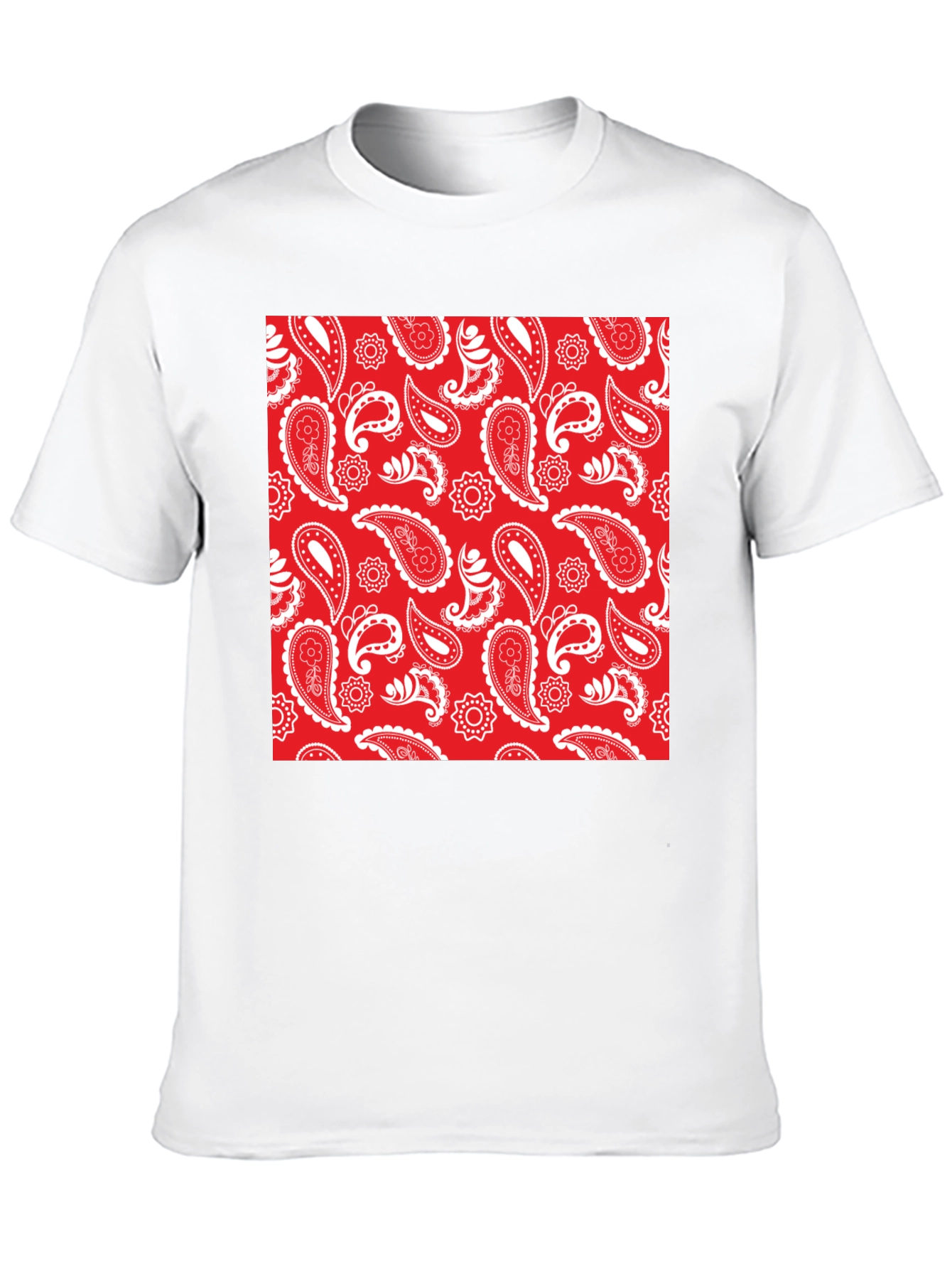 Red Paisley Print Black Crew Neck Tee