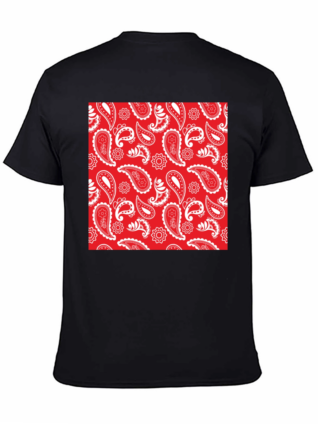 Red Paisley Print Black Crew Neck Tee
