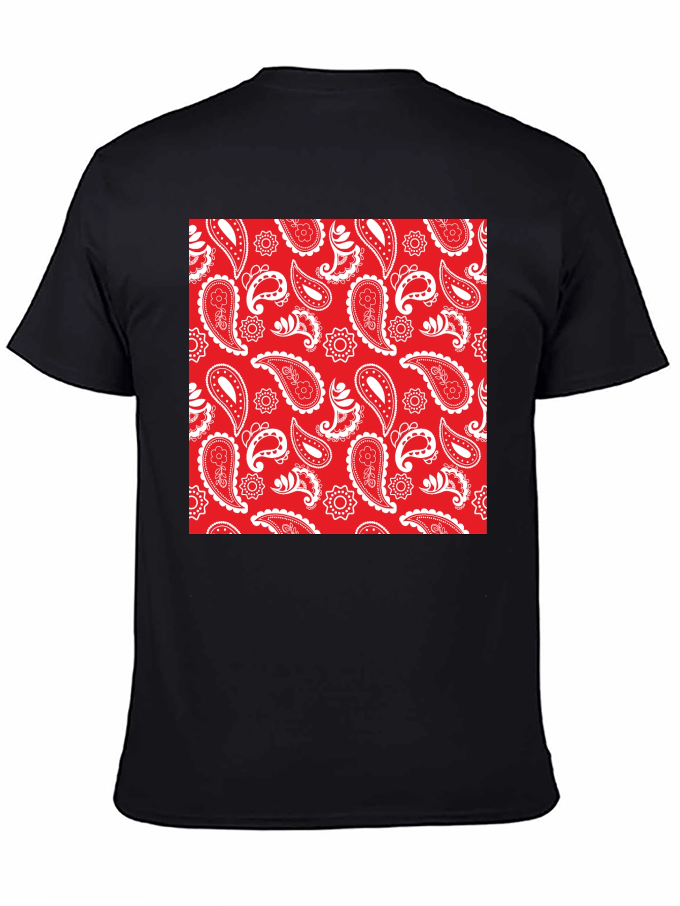 Red Paisley Print Black Crew Neck Tee