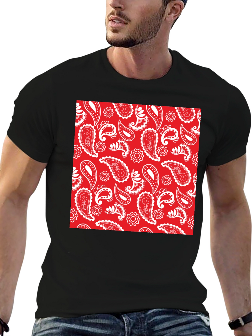 Red Paisley Print Black Crew Neck Tee