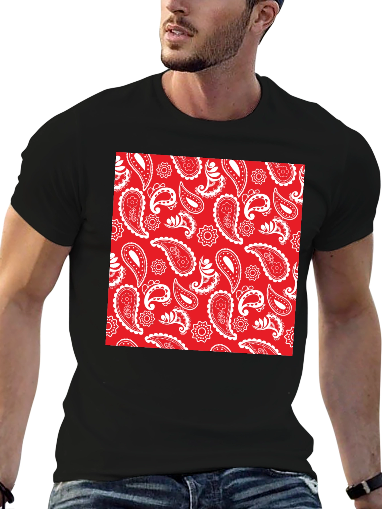 Red Paisley Print Black Crew Neck Tee