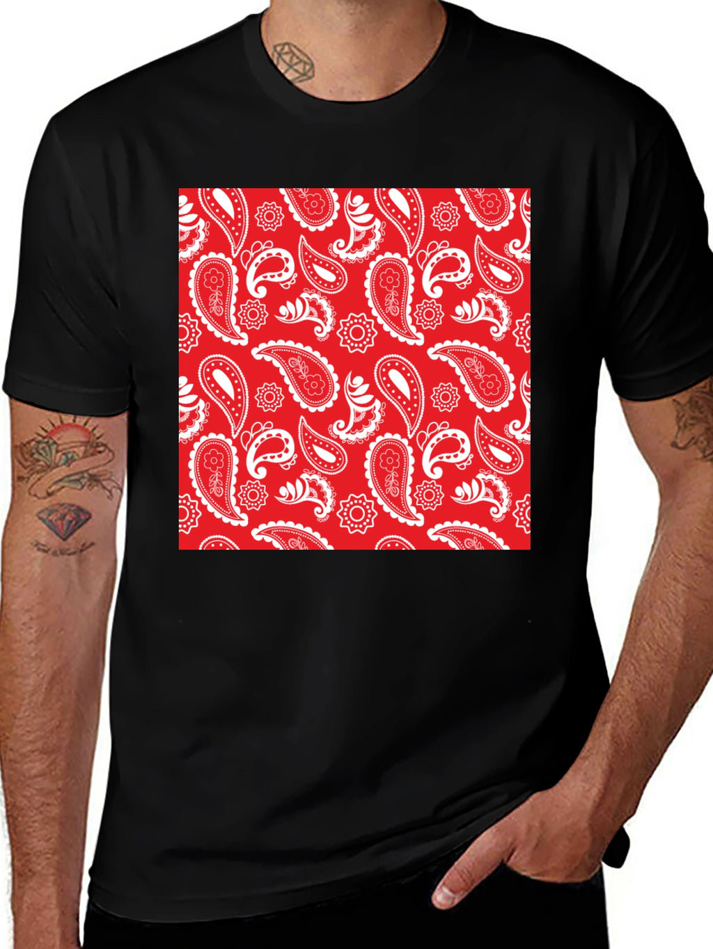 Red Paisley Print Black Crew Neck Tee