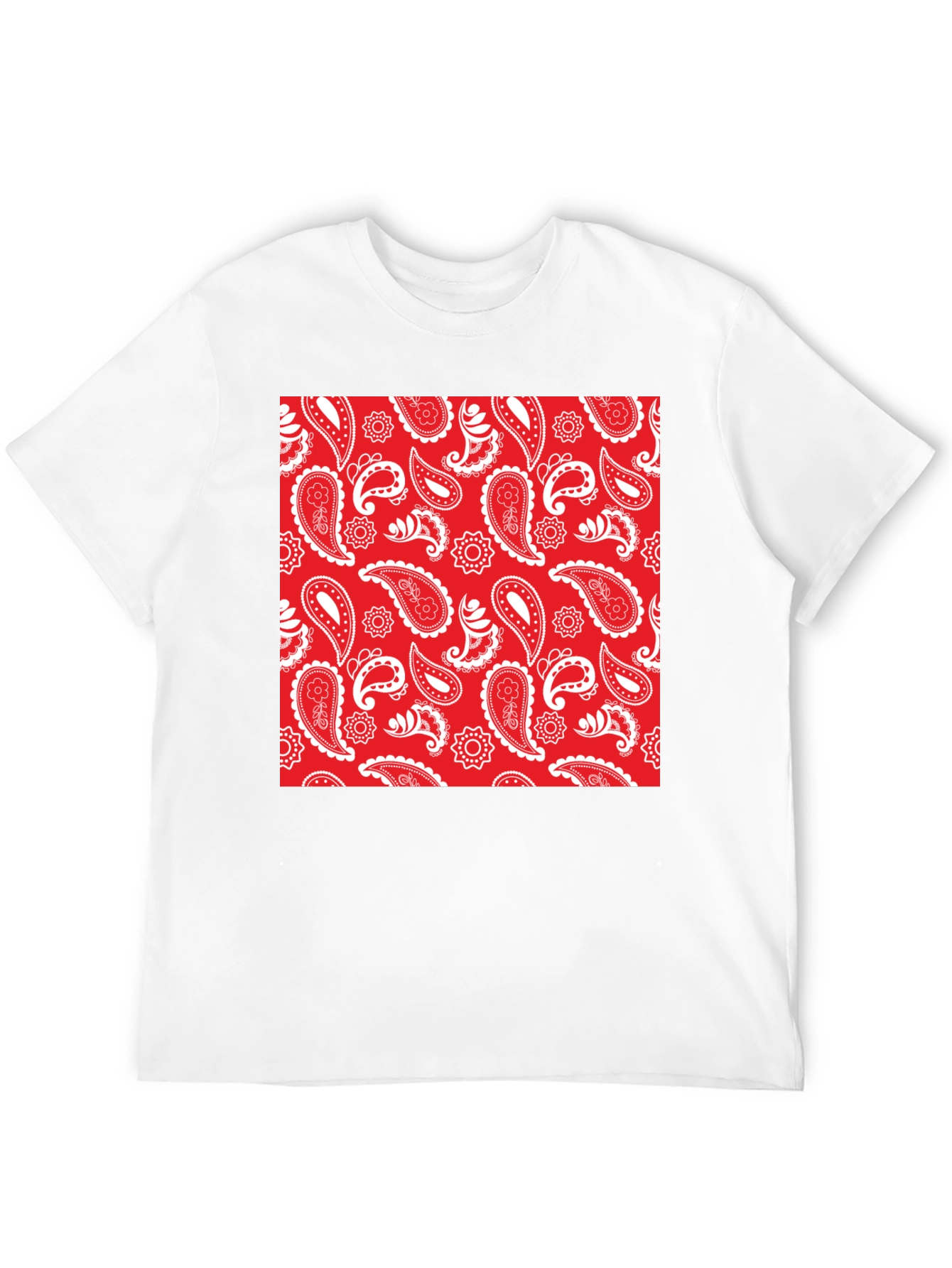 Red Paisley Print Black Crew Neck Tee