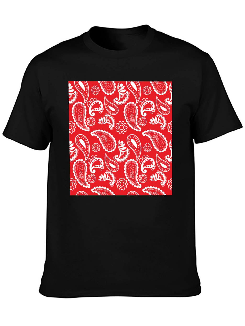 Red Paisley Print Black Crew Neck Tee
