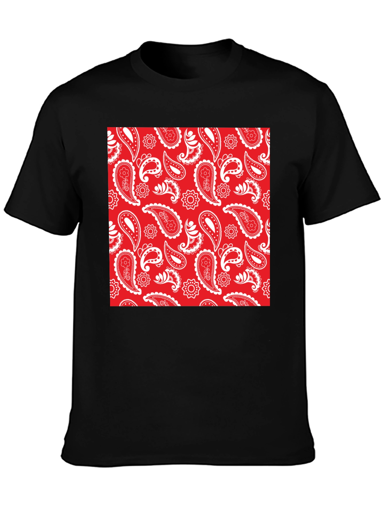 Red Paisley Print Black Crew Neck Tee