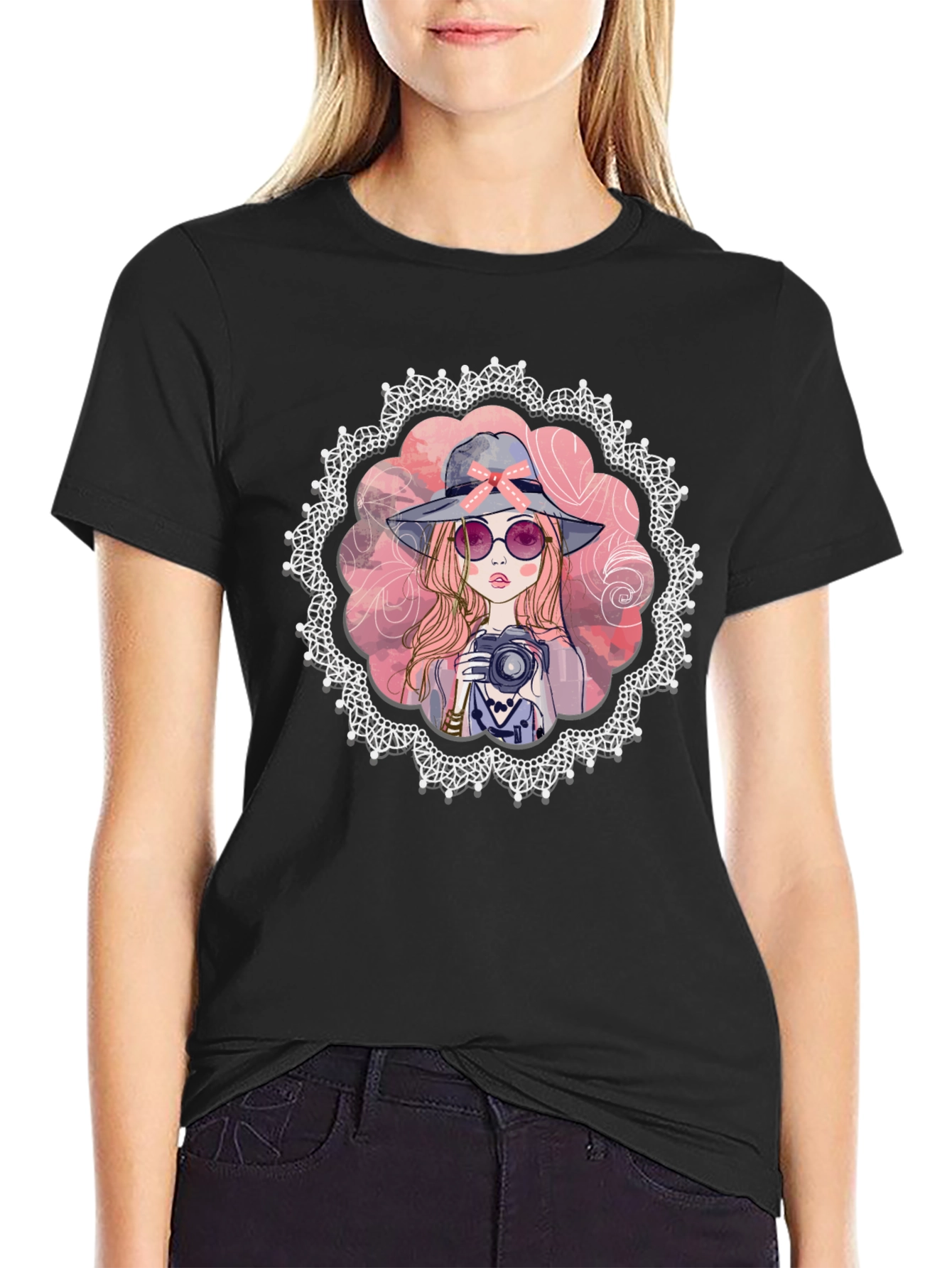 Girl with Camera Graphic Tee - Trendy Casual Shirt