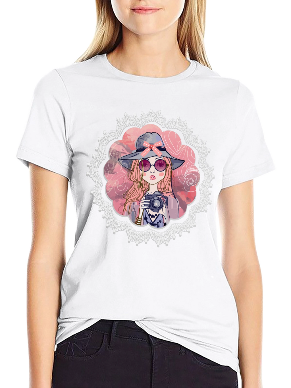 Girl with Camera Graphic Tee - Trendy Casual Shirt