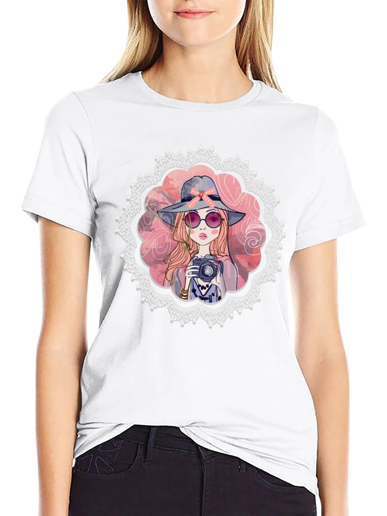Girl with Camera Graphic Tee - Trendy Casual Shirt