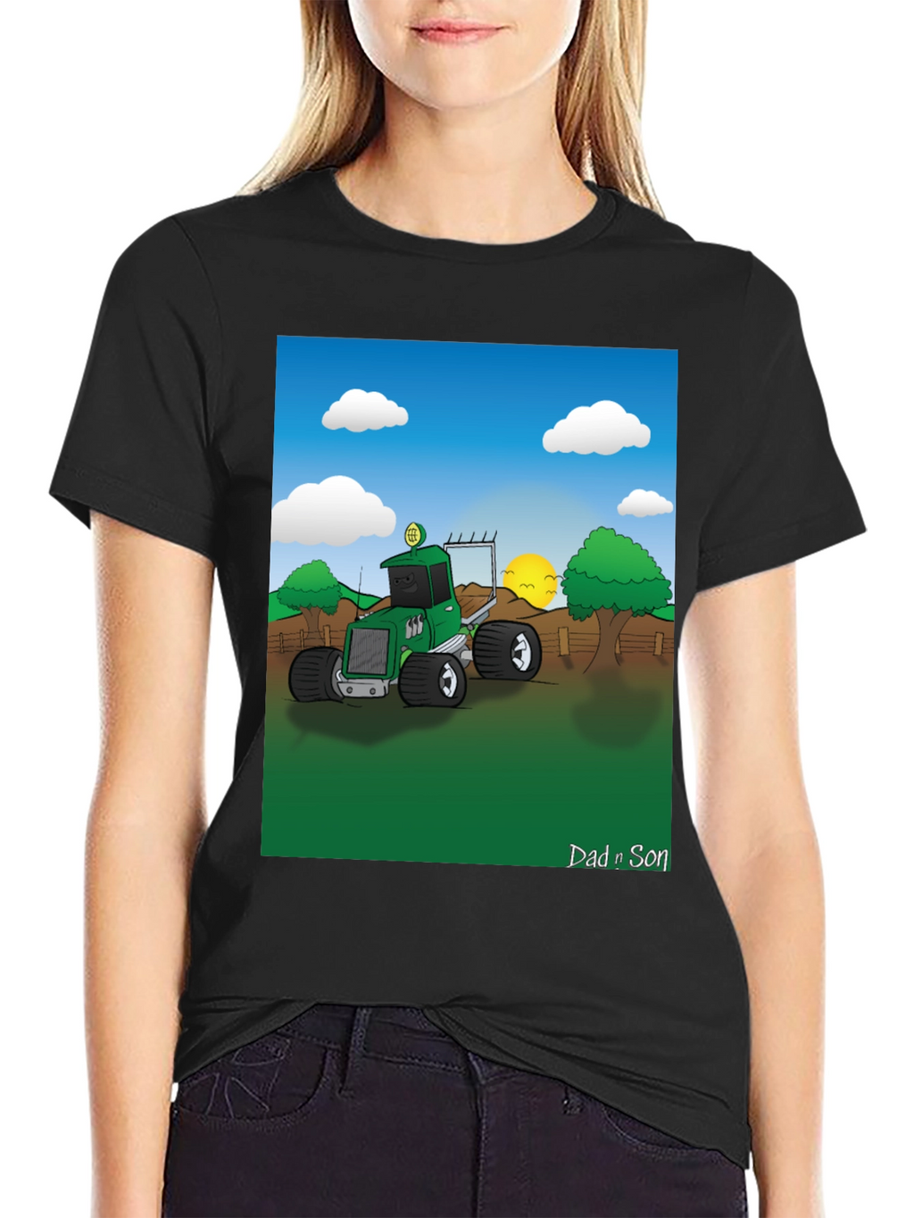 Dad n Son Cartoon Tractor Graphic T-Shirt