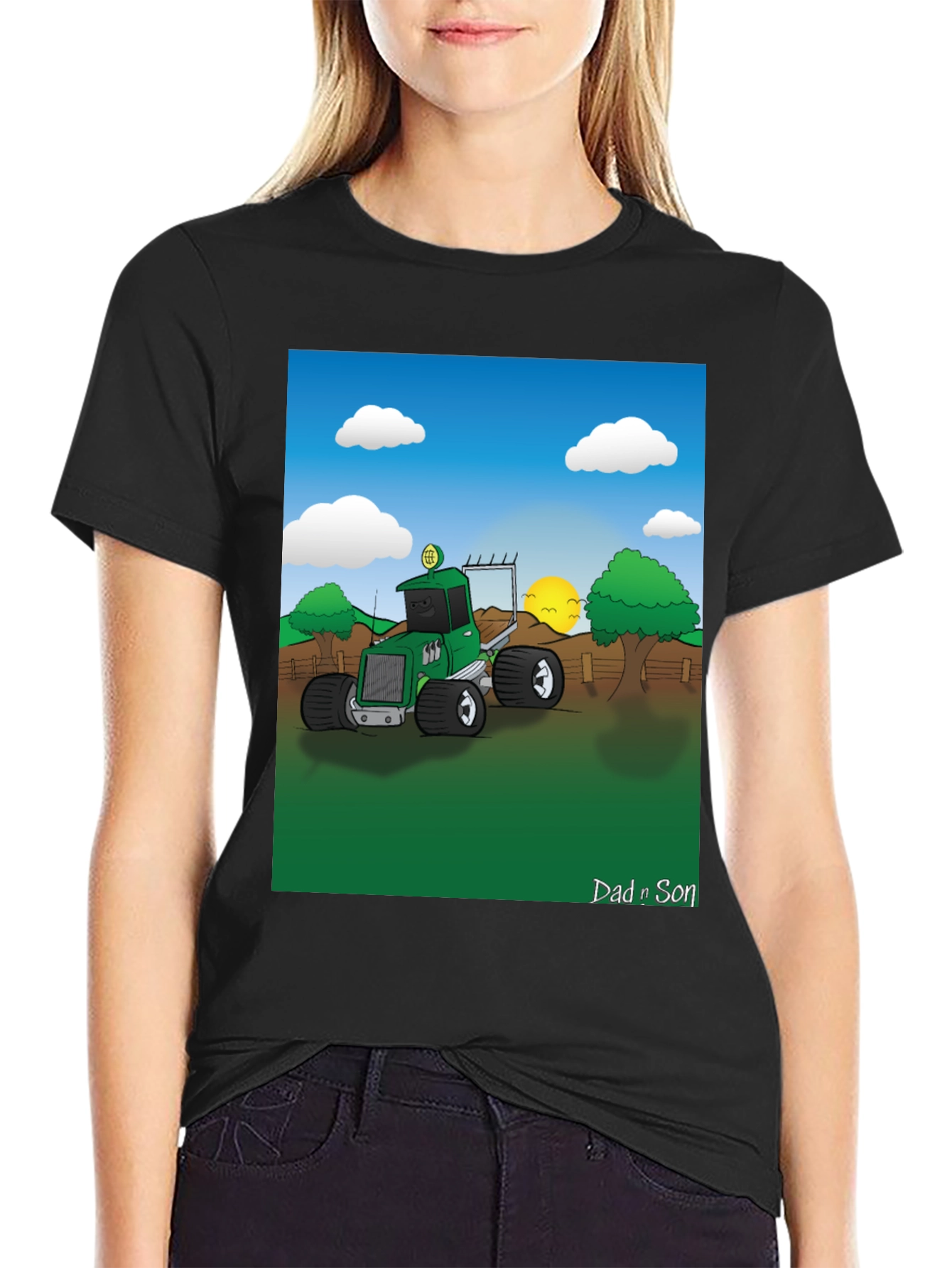 Dad n Son Cartoon Tractor Graphic T-Shirt