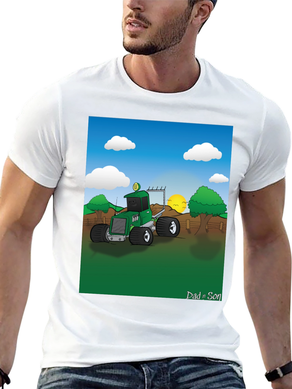 Dad n Son Cartoon Tractor Graphic T-Shirt
