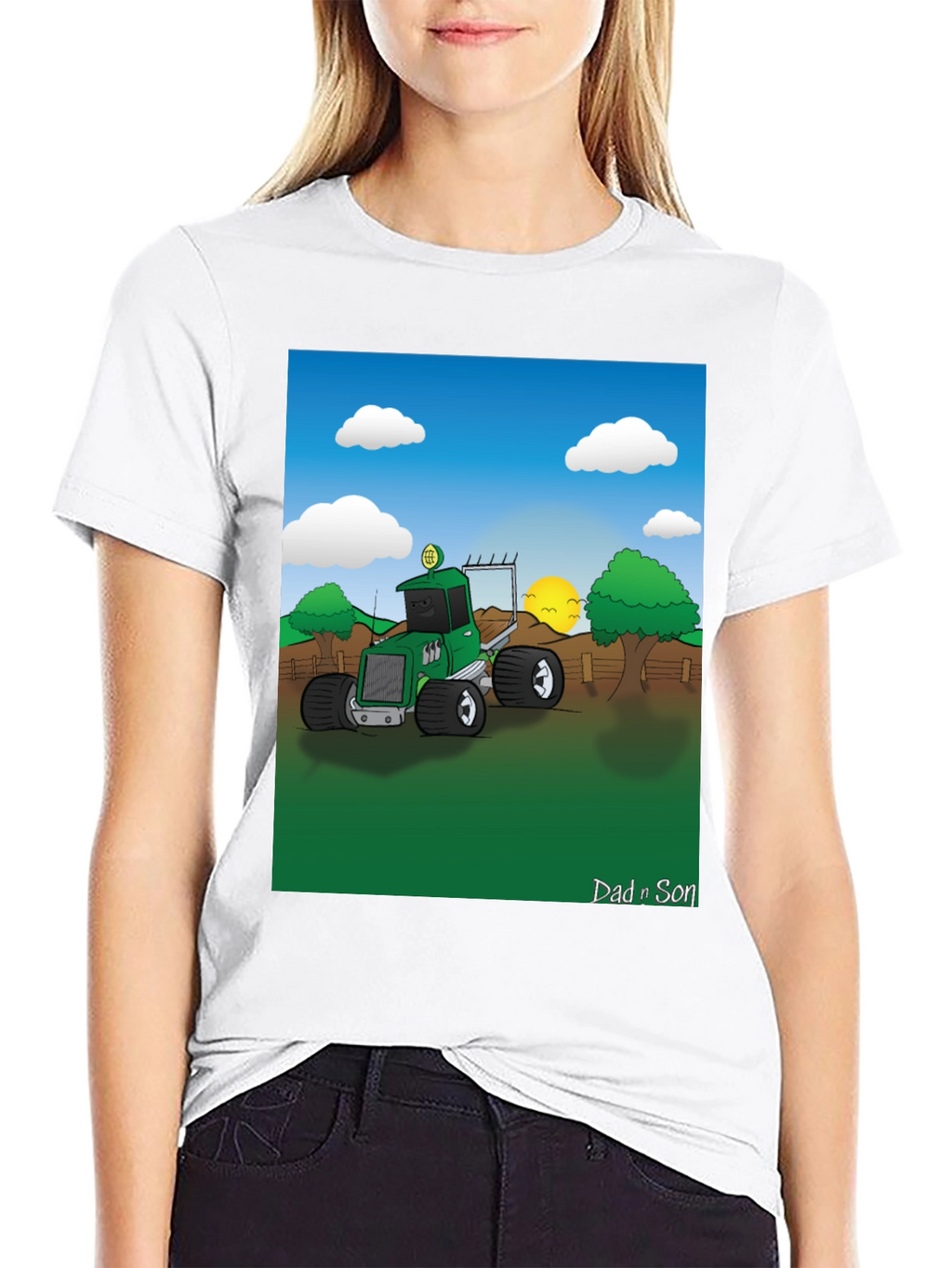 Dad n Son Cartoon Tractor Graphic T-Shirt