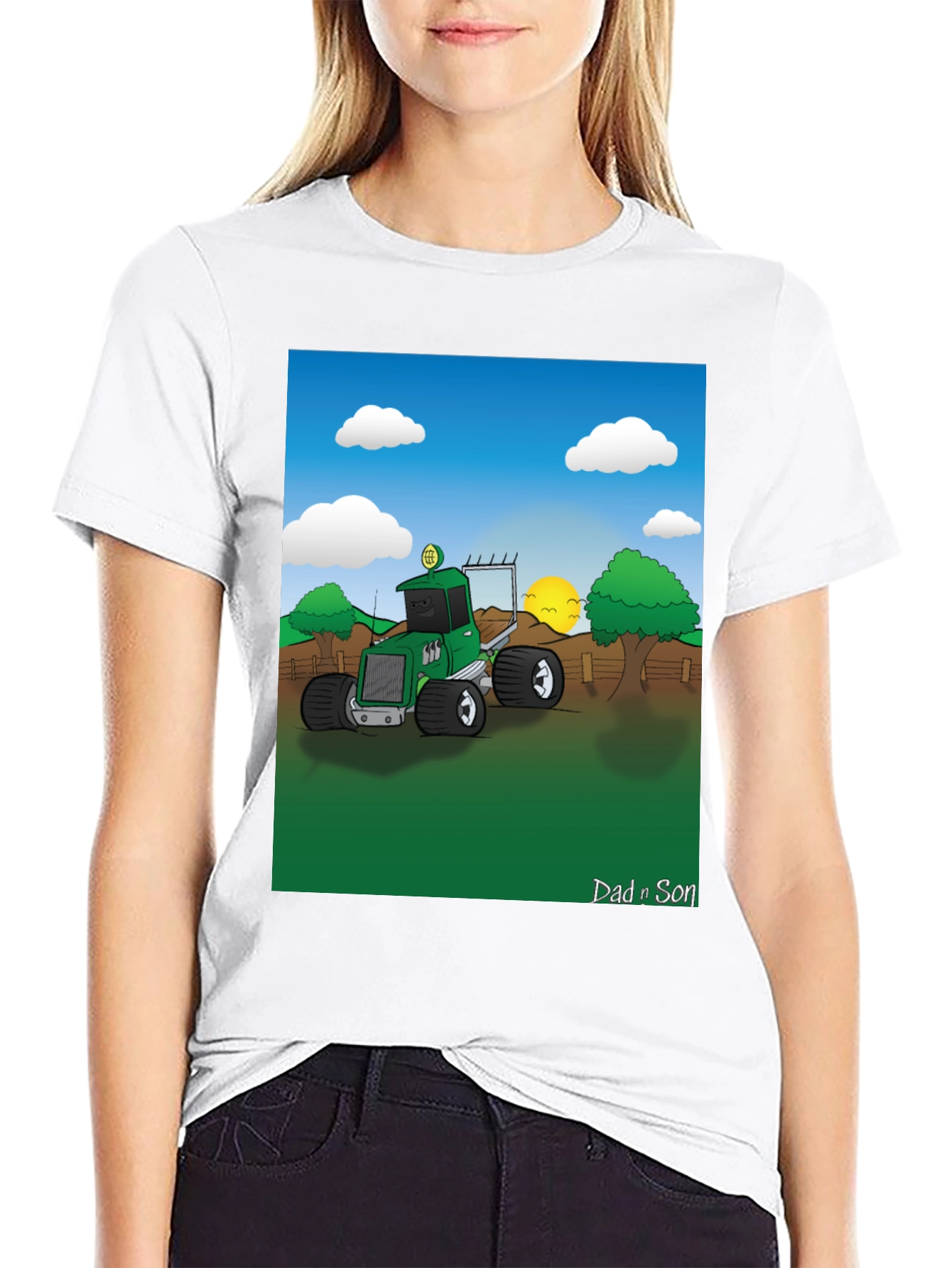Dad n Son Cartoon Tractor Graphic T-Shirt