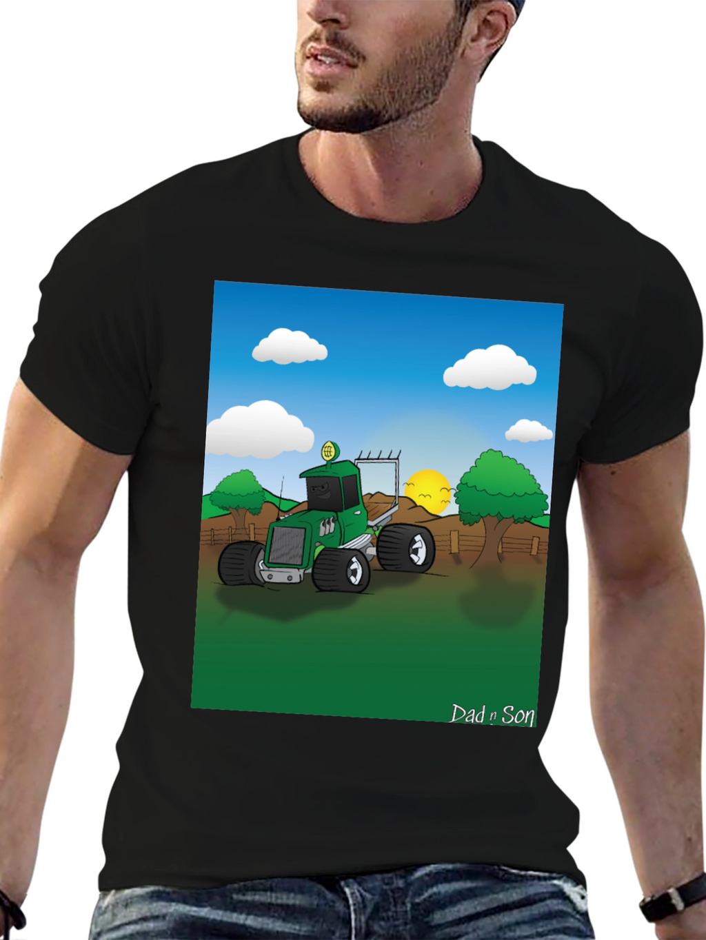 Dad n Son Cartoon Tractor Graphic T-Shirt