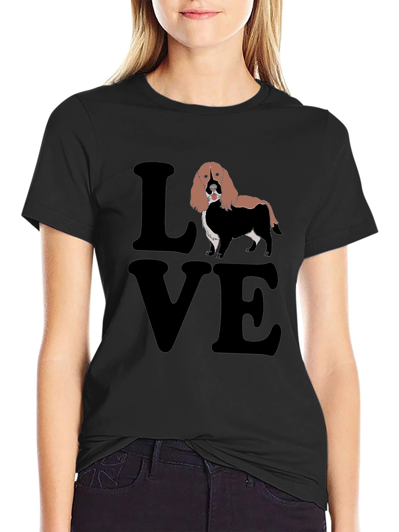 Love Spaniel T-Shirt Black Cotton