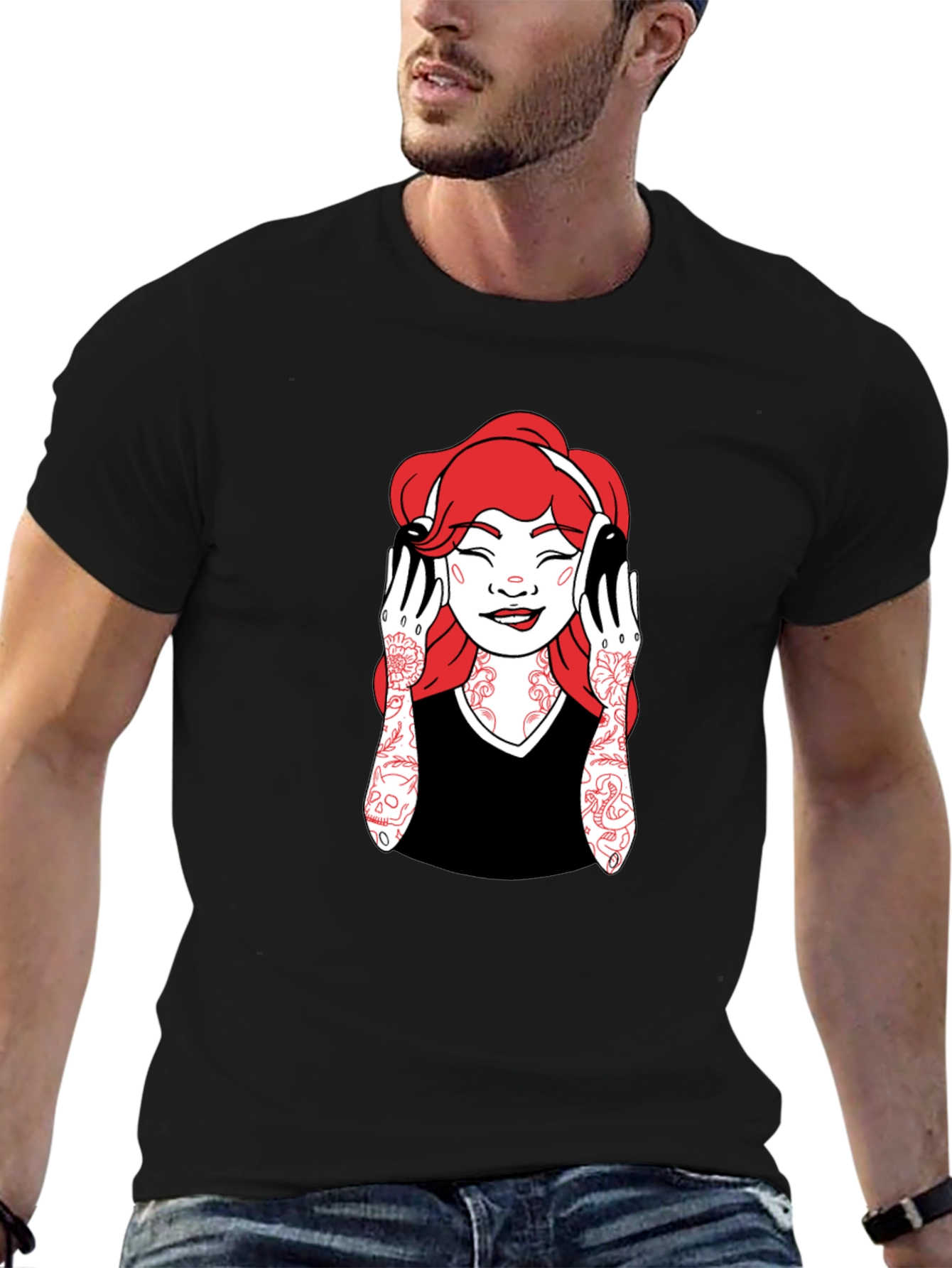 Graphic Tee - Woman with Headphones - Black