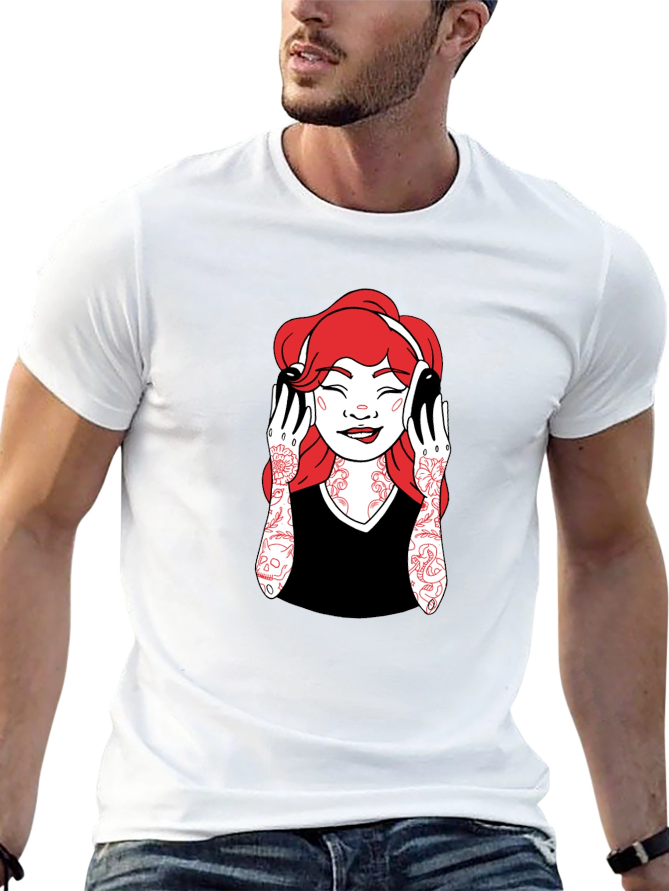 Graphic Tee - Woman with Headphones - Black