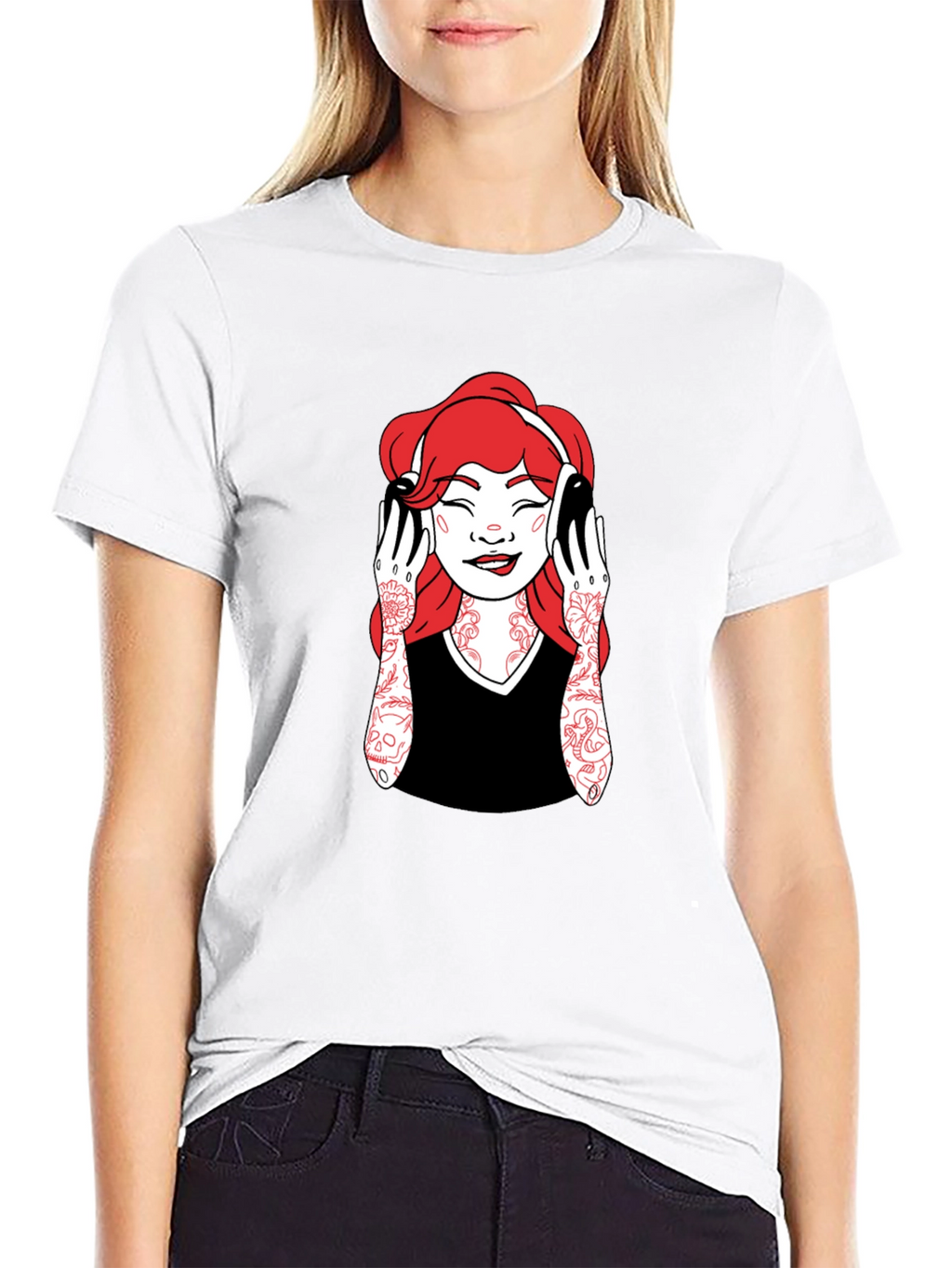 Graphic Tee - Woman with Headphones - Black