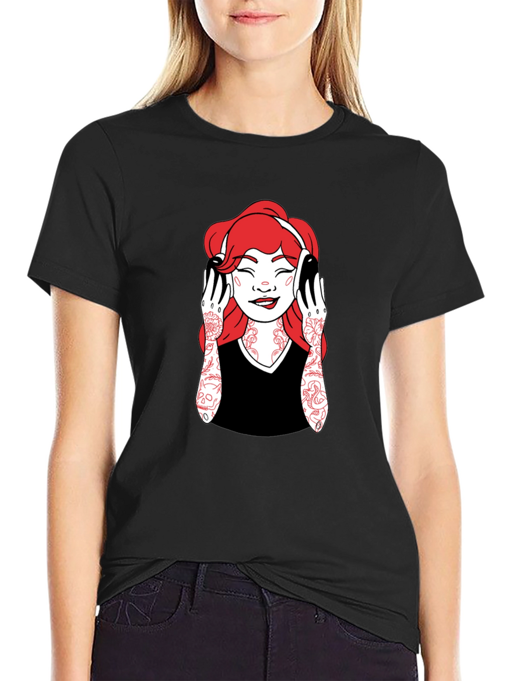 Graphic Tee - Woman with Headphones - Black