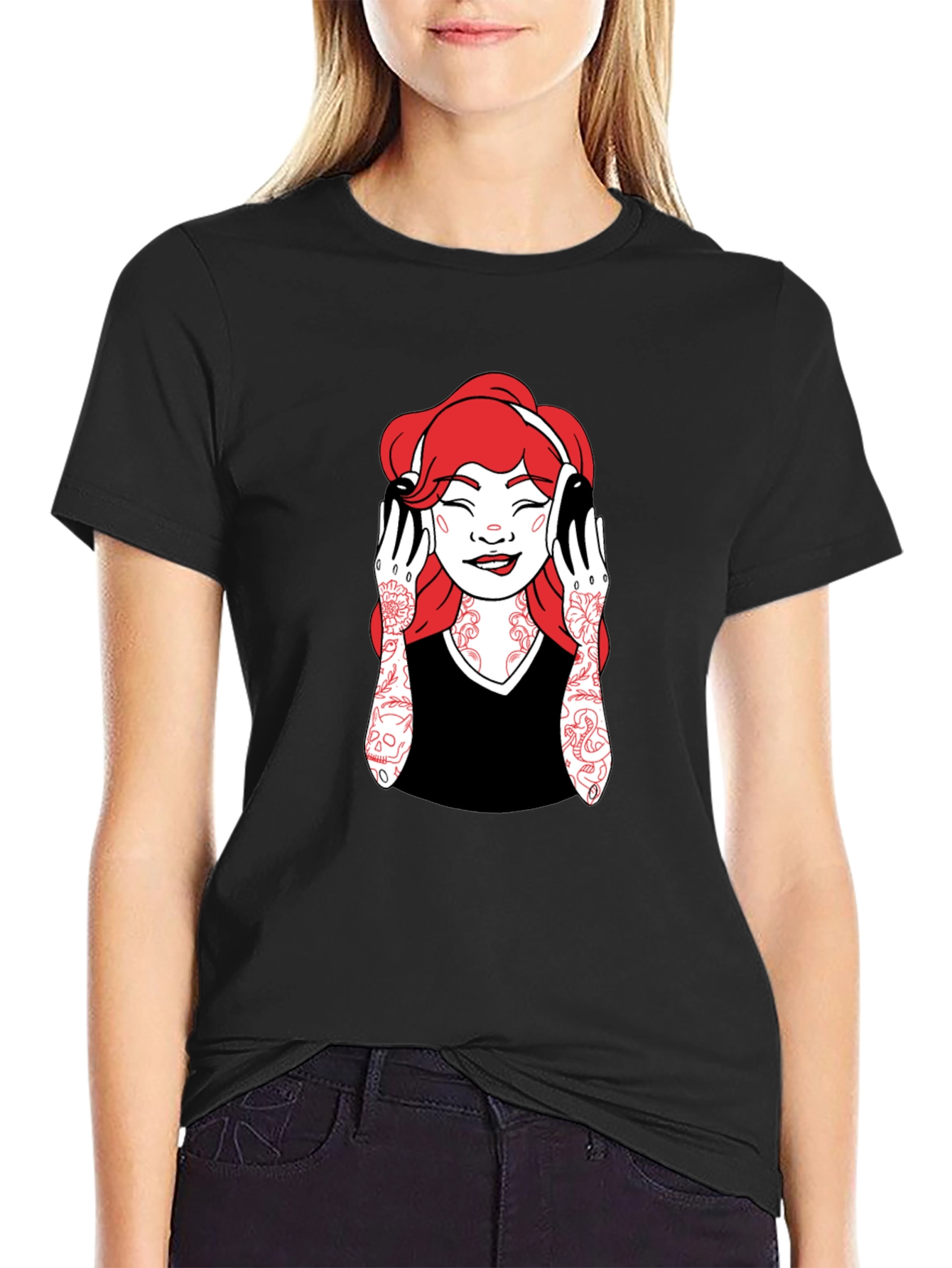 Graphic Tee - Woman with Headphones - Black
