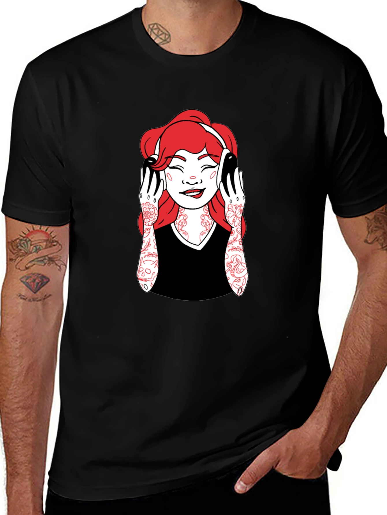 Graphic Tee - Woman with Headphones - Black