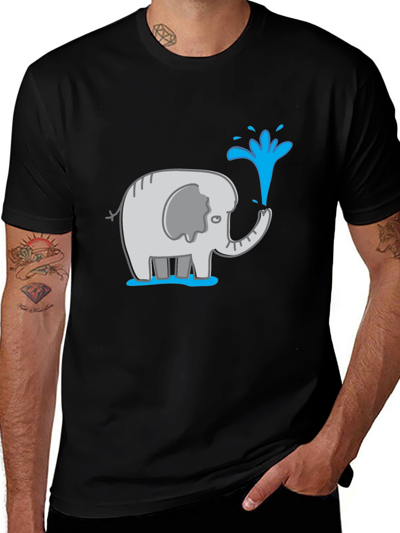 Elephant Spraying Water Black Graphic T-Shirt