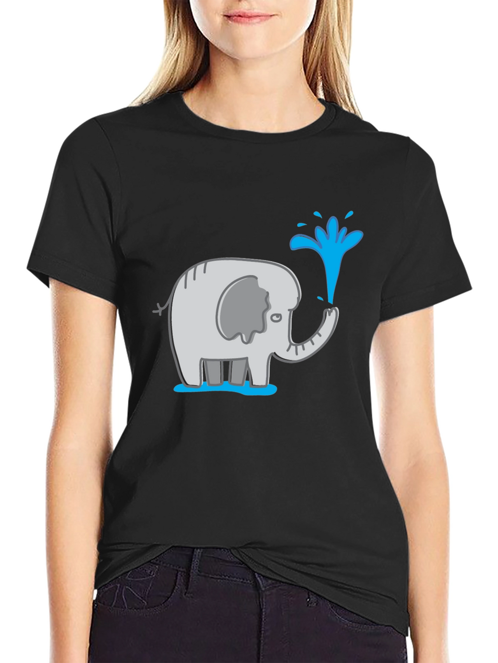 Elephant Spraying Water Black Graphic T-Shirt