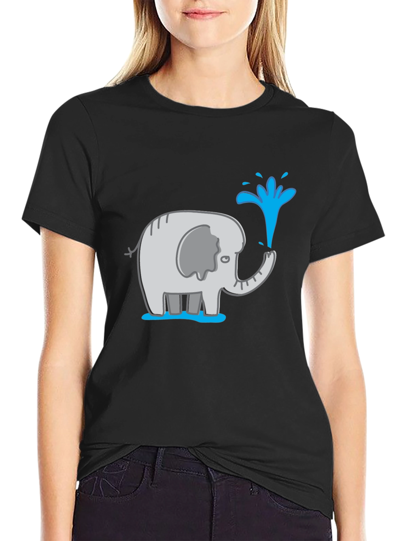 Elephant Spraying Water Black Graphic T-Shirt