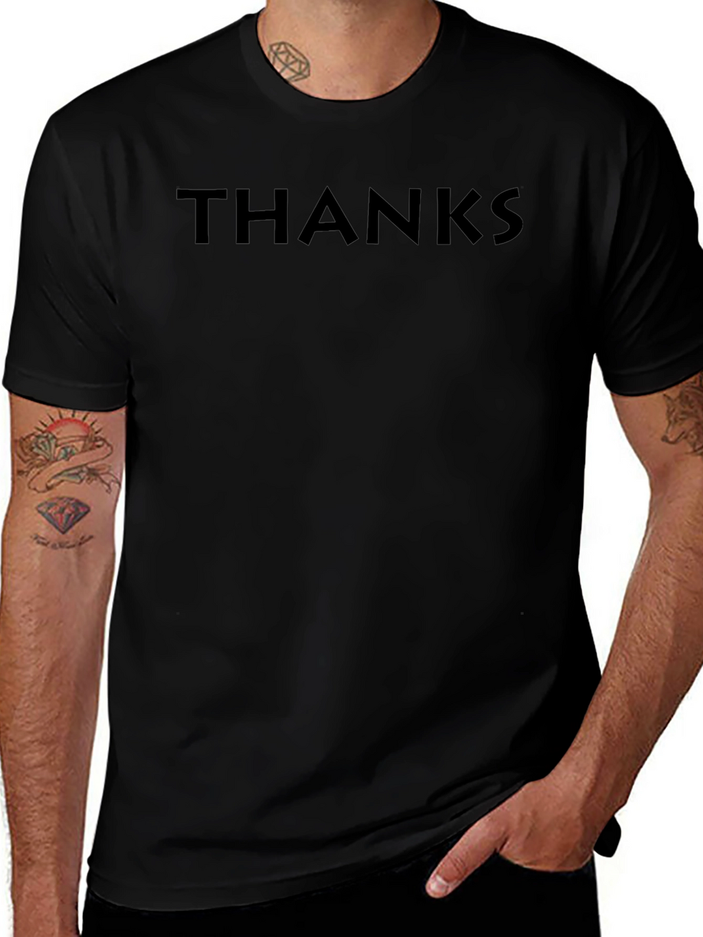 Mens Black THANKS Graphic Crew Neck T-Shirt