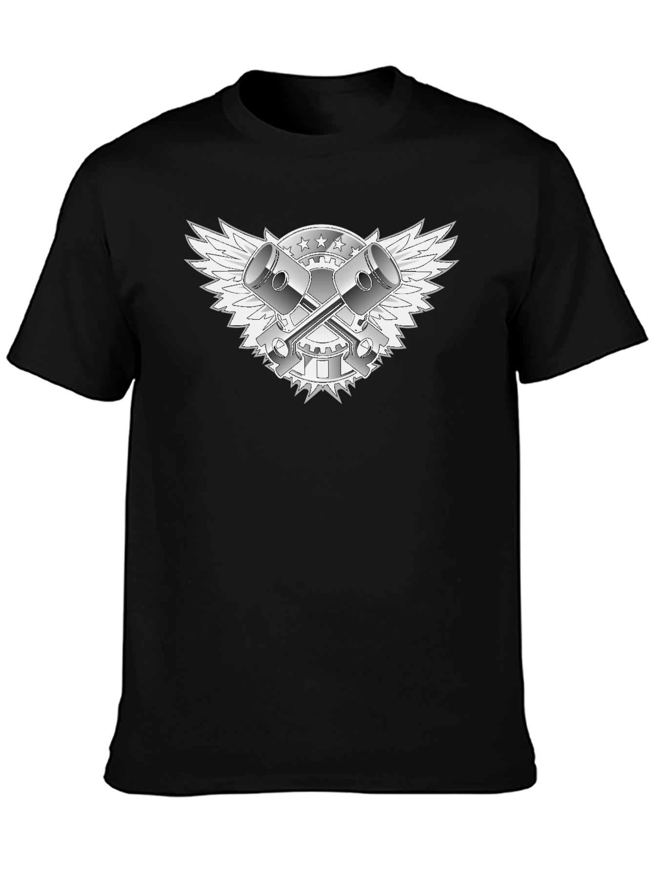 Black T-Shirt with Piston & Wings Graphic