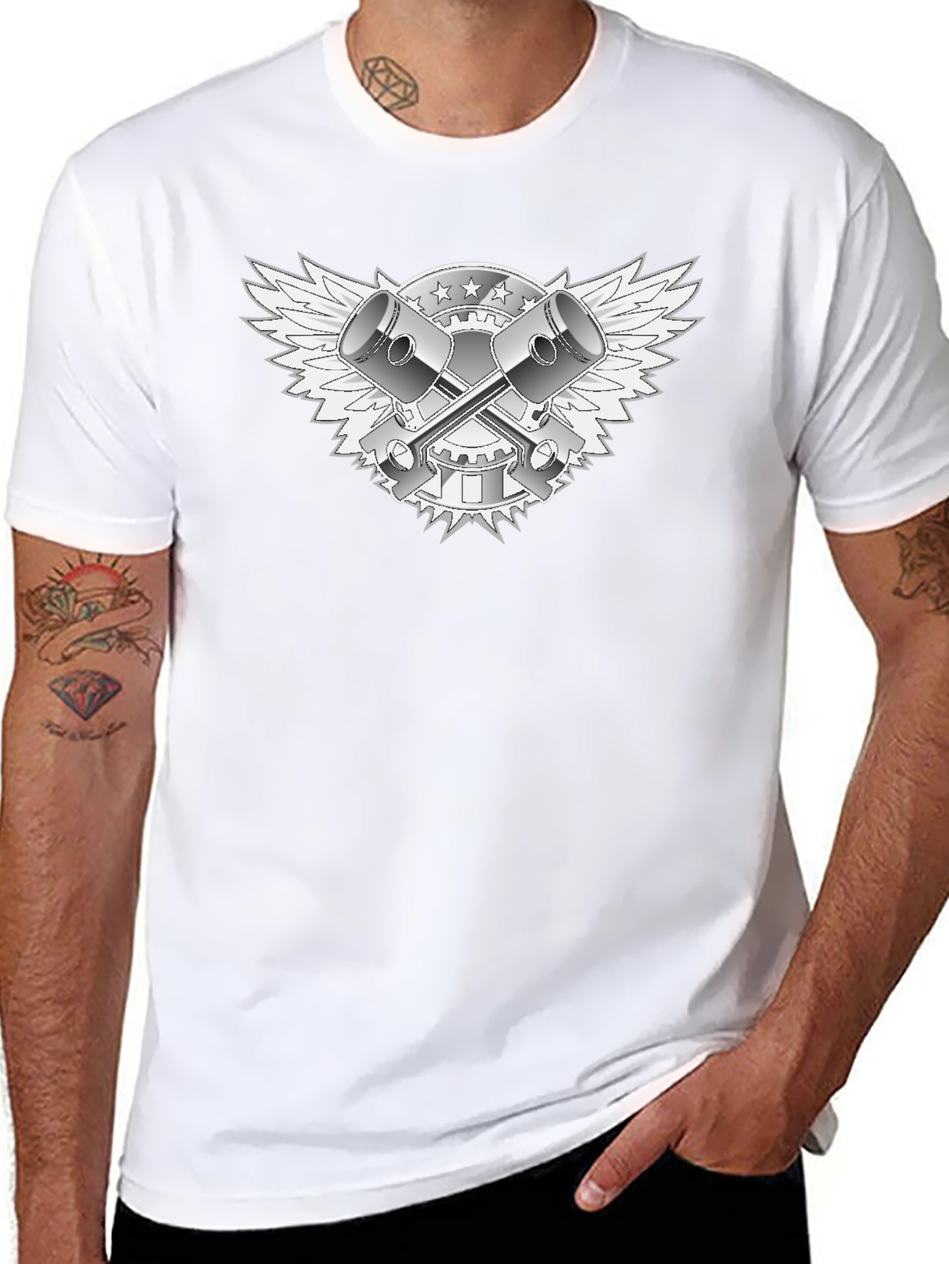 Black T-Shirt with Piston & Wings Graphic
