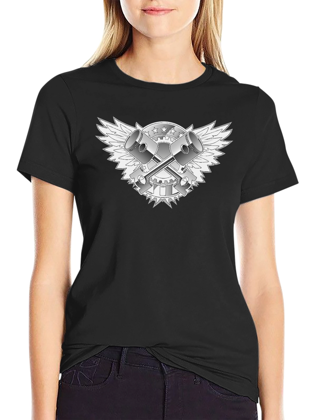 Black T-Shirt with Piston & Wings Graphic