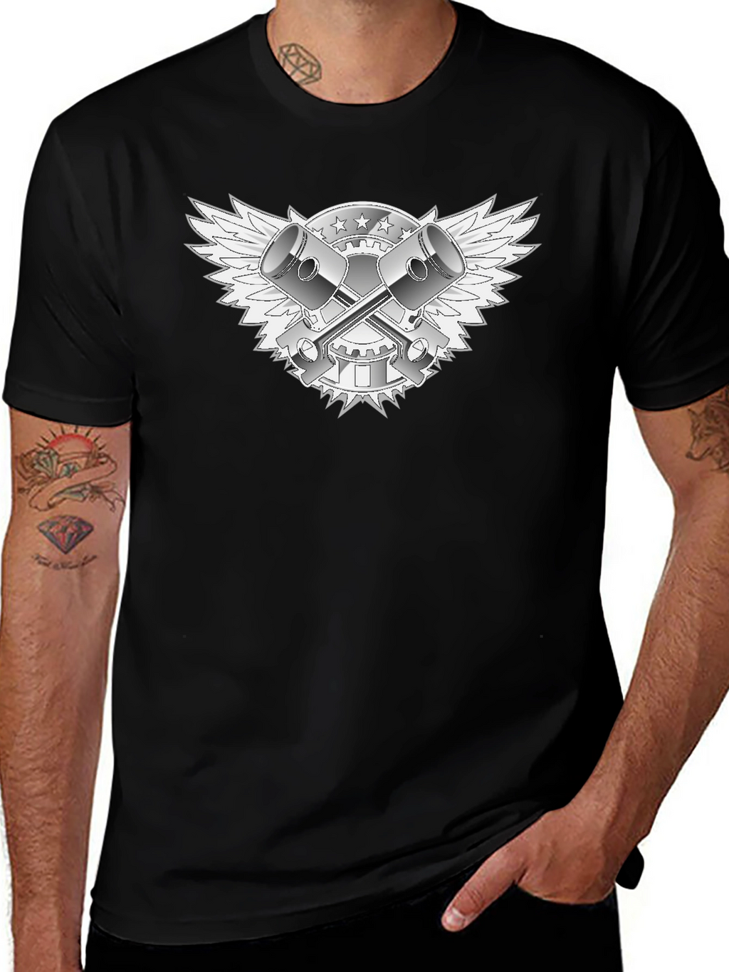 Black T-Shirt with Piston & Wings Graphic