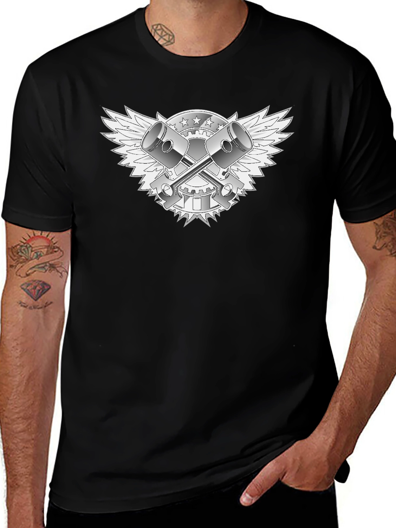 Black T-Shirt with Piston & Wings Graphic