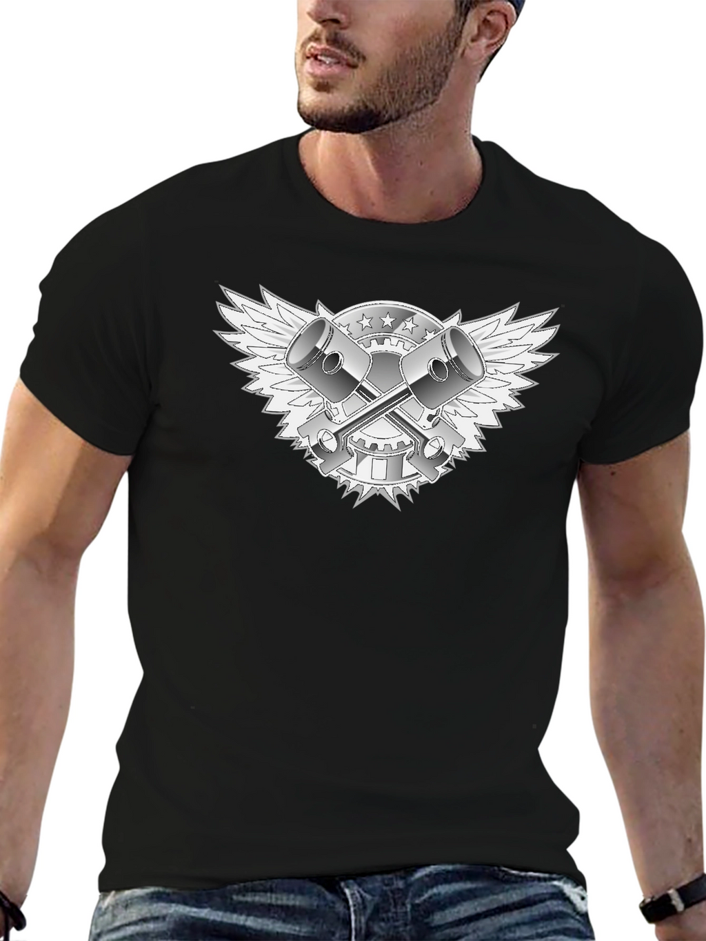 Black T-Shirt with Piston & Wings Graphic