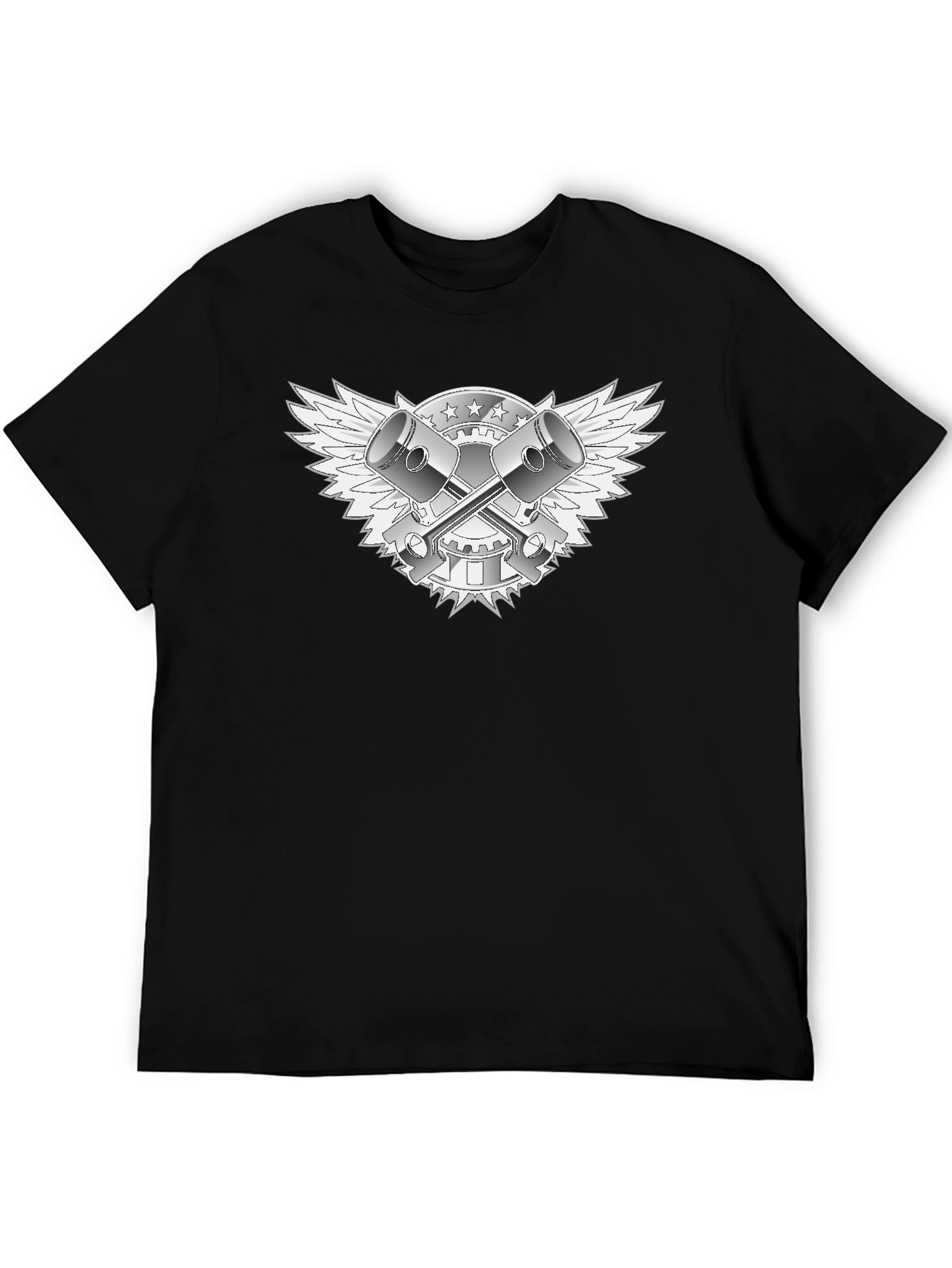 Black T-Shirt with Piston & Wings Graphic