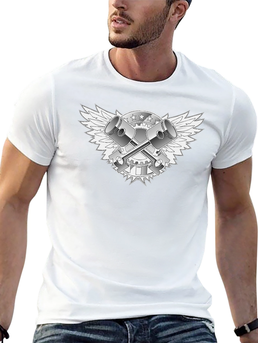 Black T-Shirt with Piston & Wings Graphic