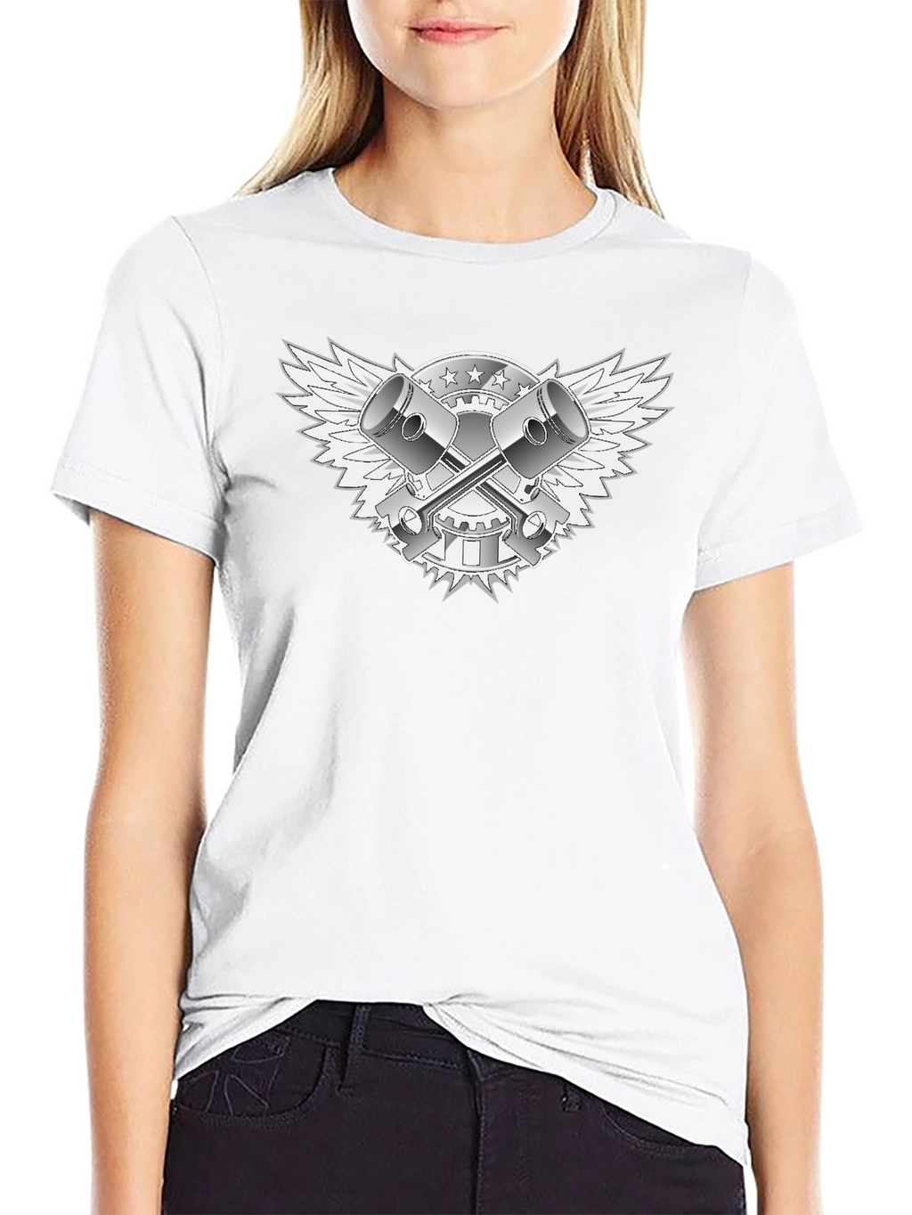 Black T-Shirt with Piston & Wings Graphic