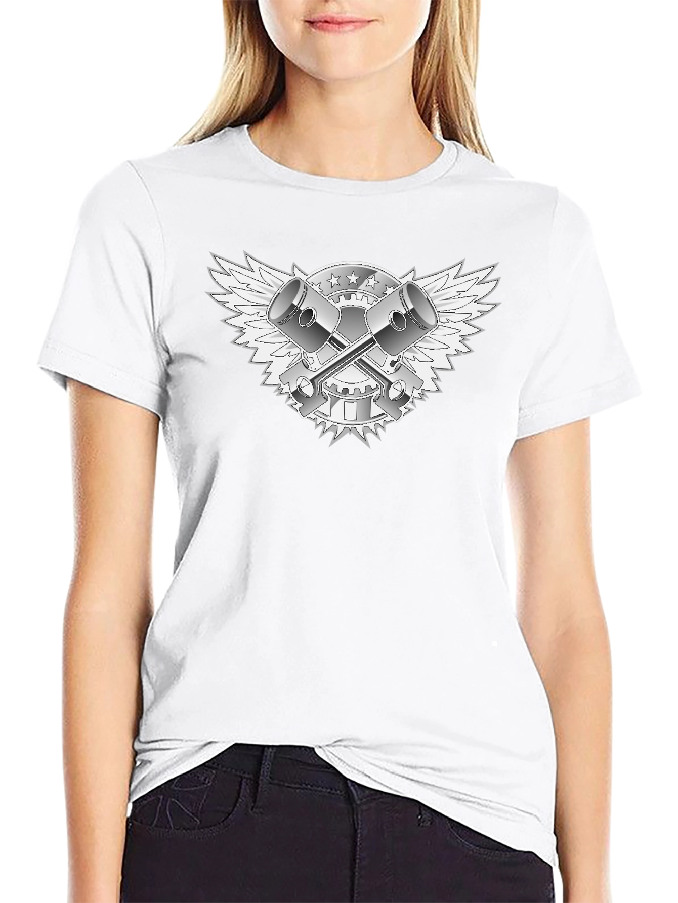 Black T-Shirt with Piston & Wings Graphic