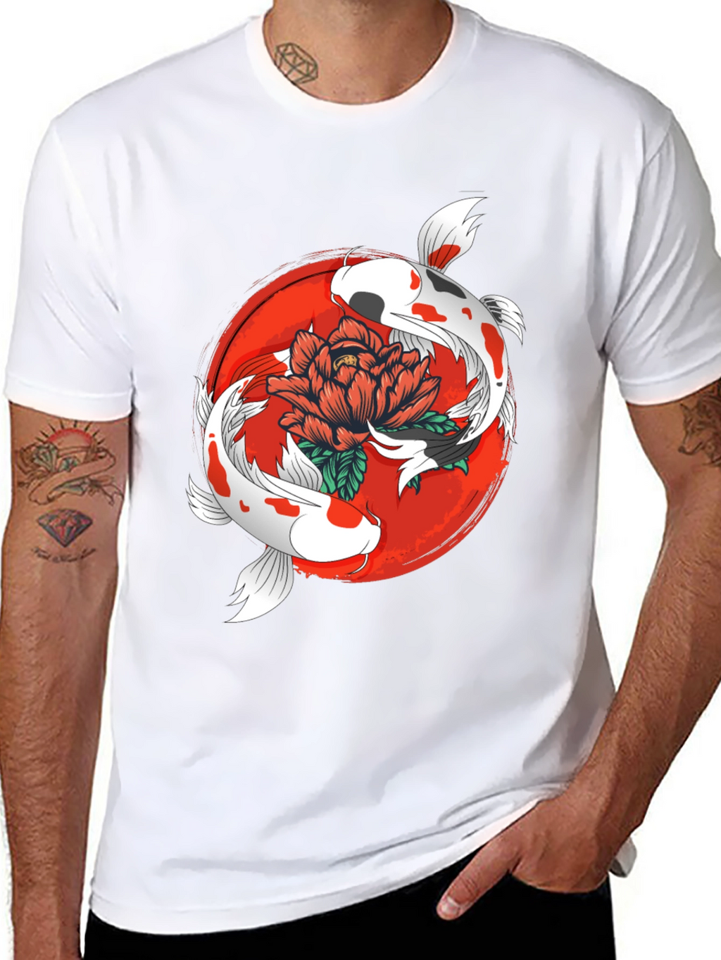 Koi Fish & Floral Graphic Black T-Shirt