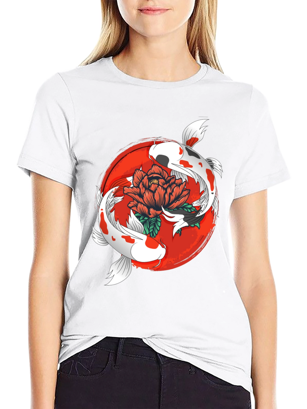 Koi Fish & Floral Graphic Black T-Shirt