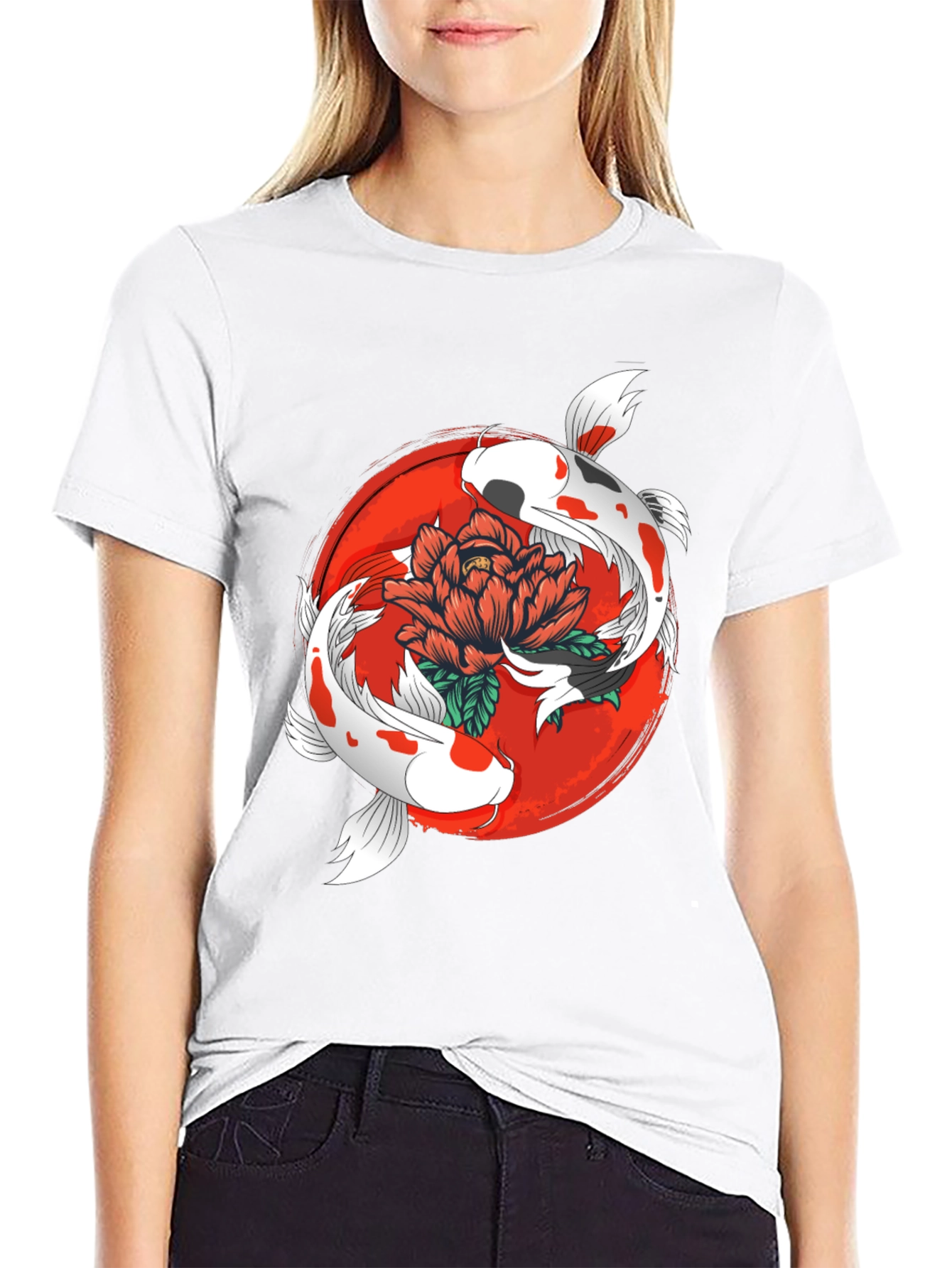 Koi Fish & Floral Graphic Black T-Shirt