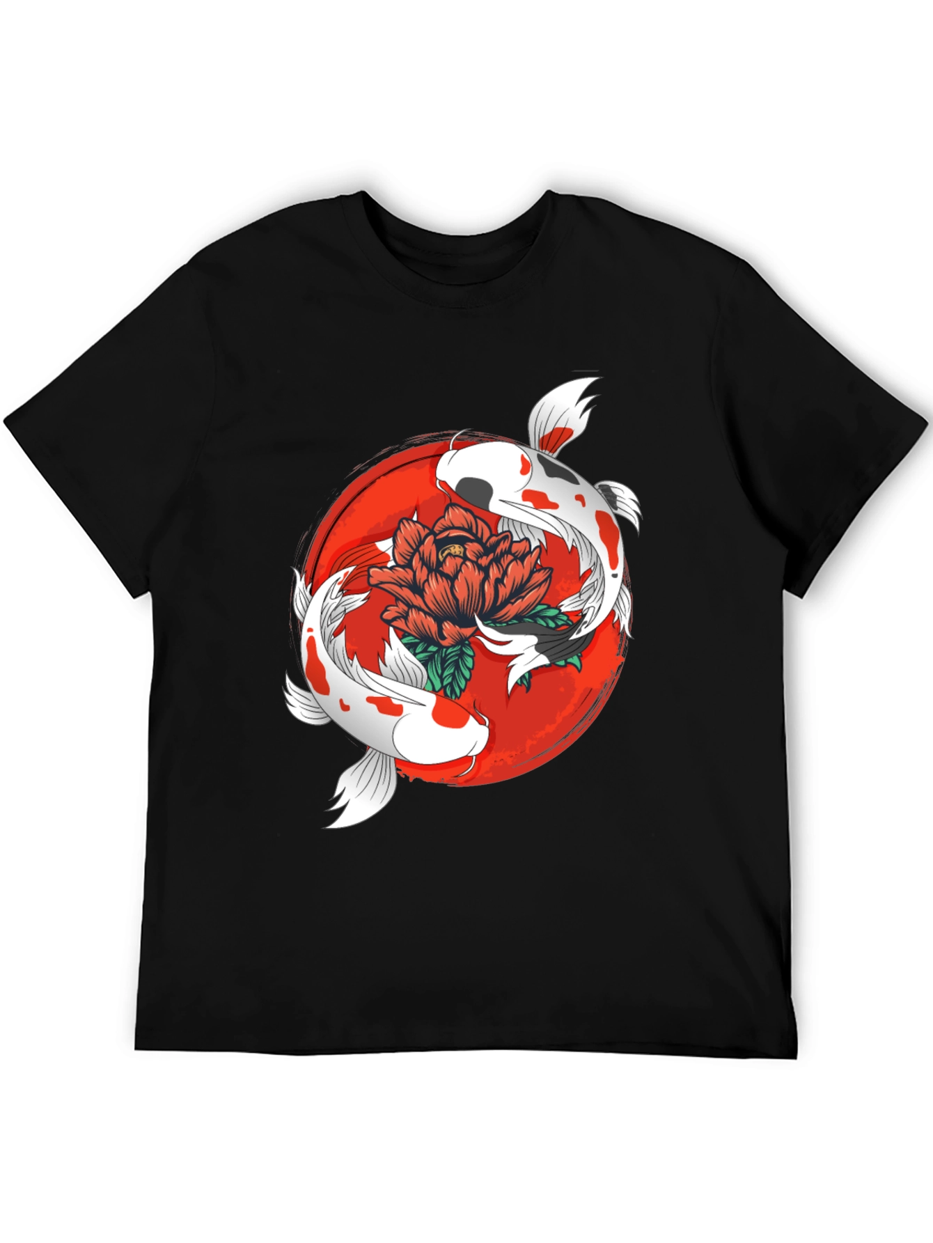 Koi Fish & Floral Graphic Black T-Shirt
