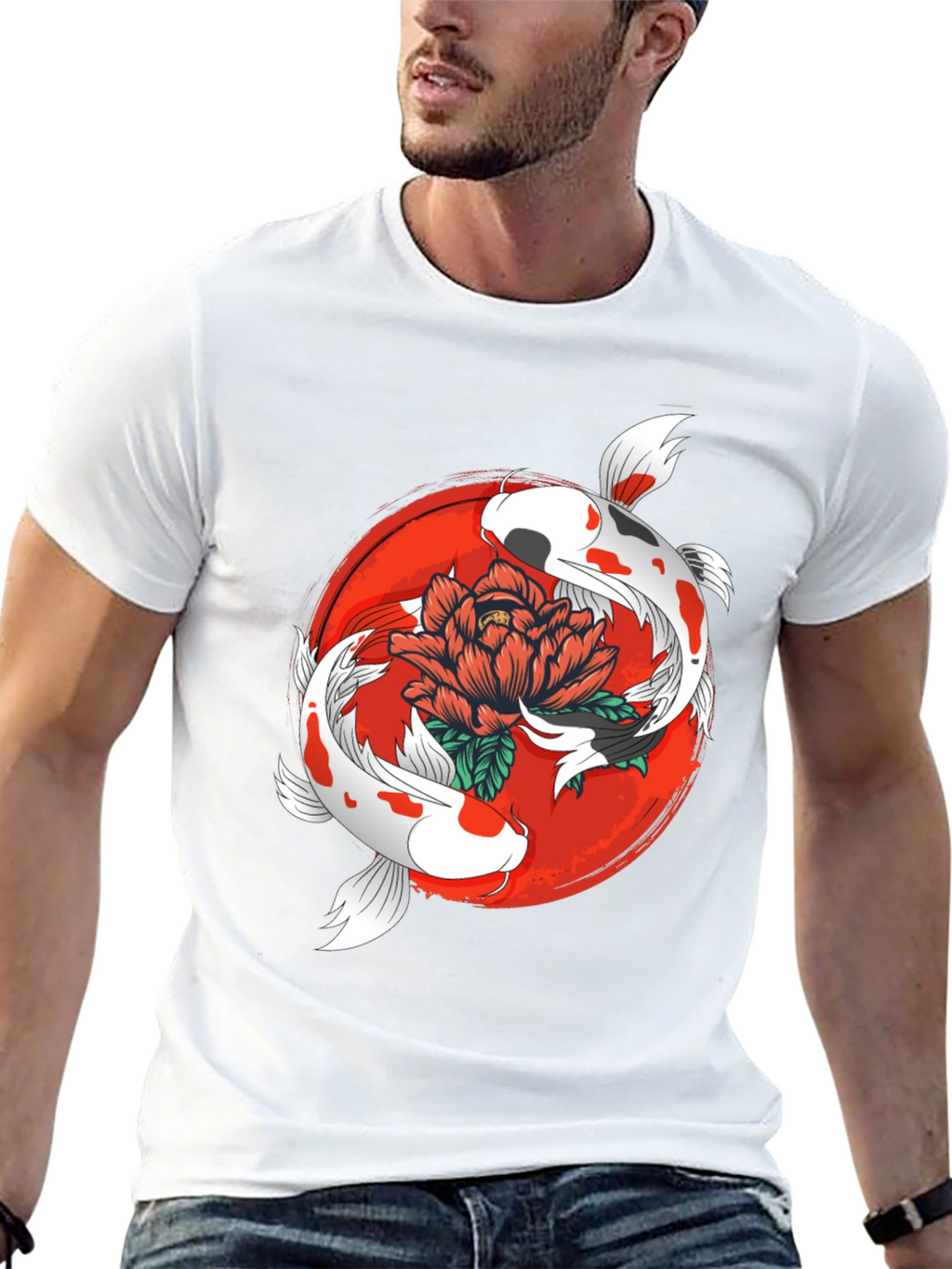 Koi Fish & Floral Graphic Black T-Shirt