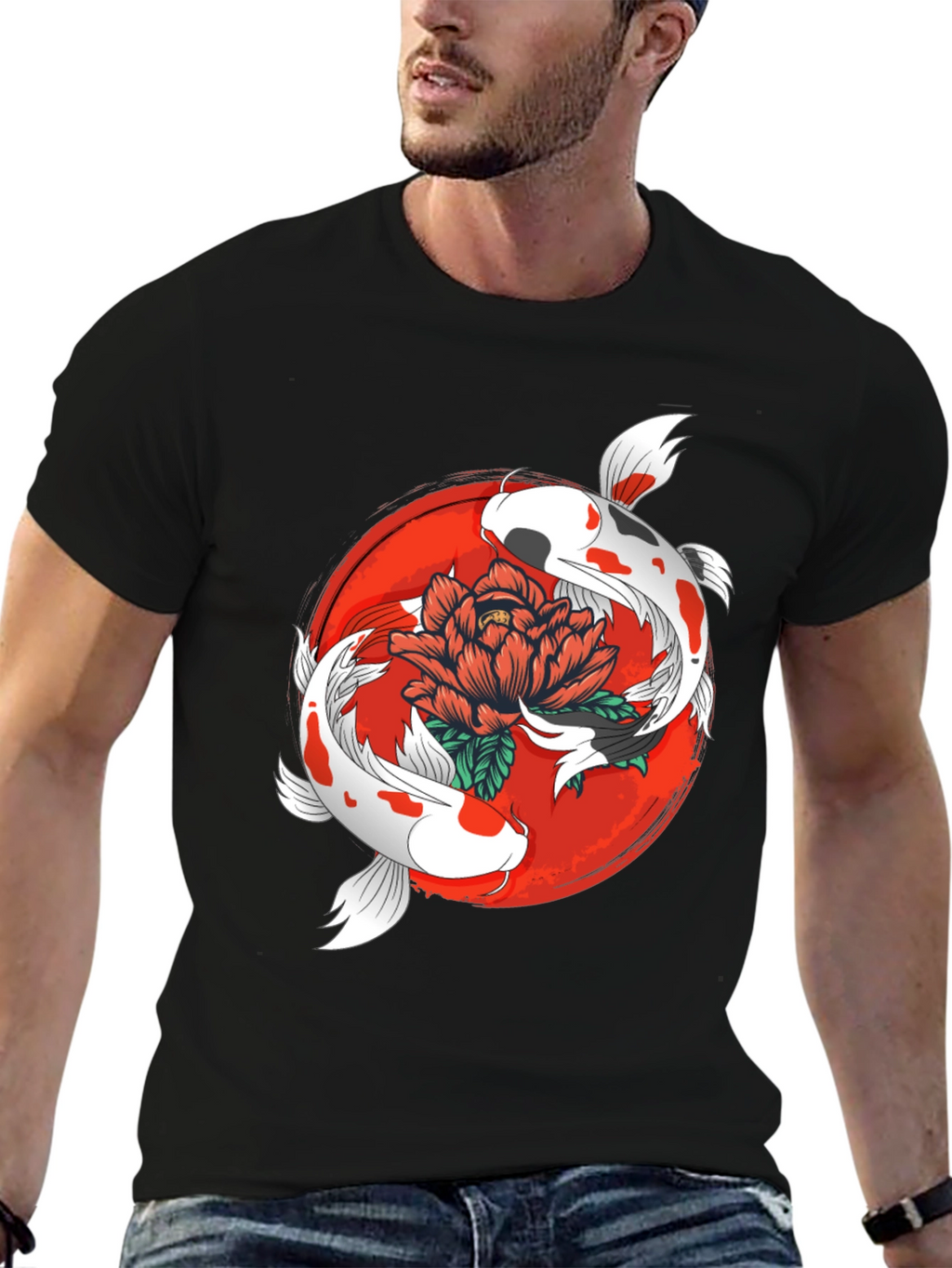 Koi Fish & Floral Graphic Black T-Shirt