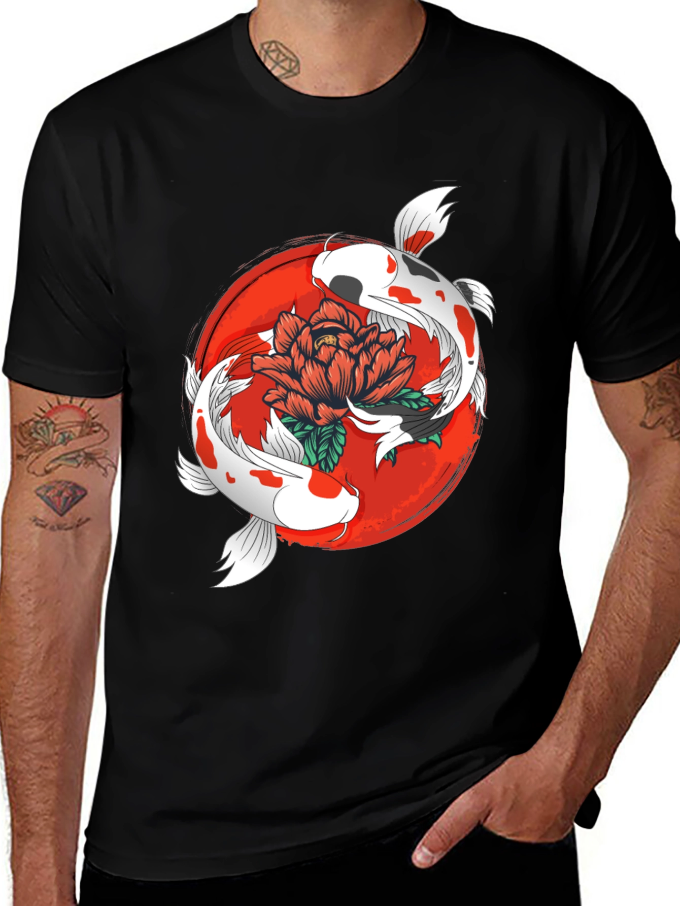 Koi Fish & Floral Graphic Black T-Shirt