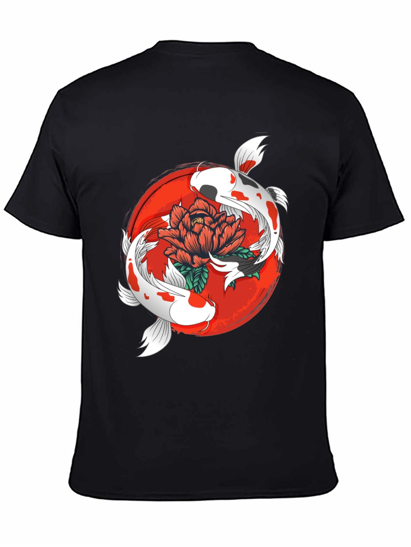 Koi Fish & Floral Graphic Black T-Shirt
