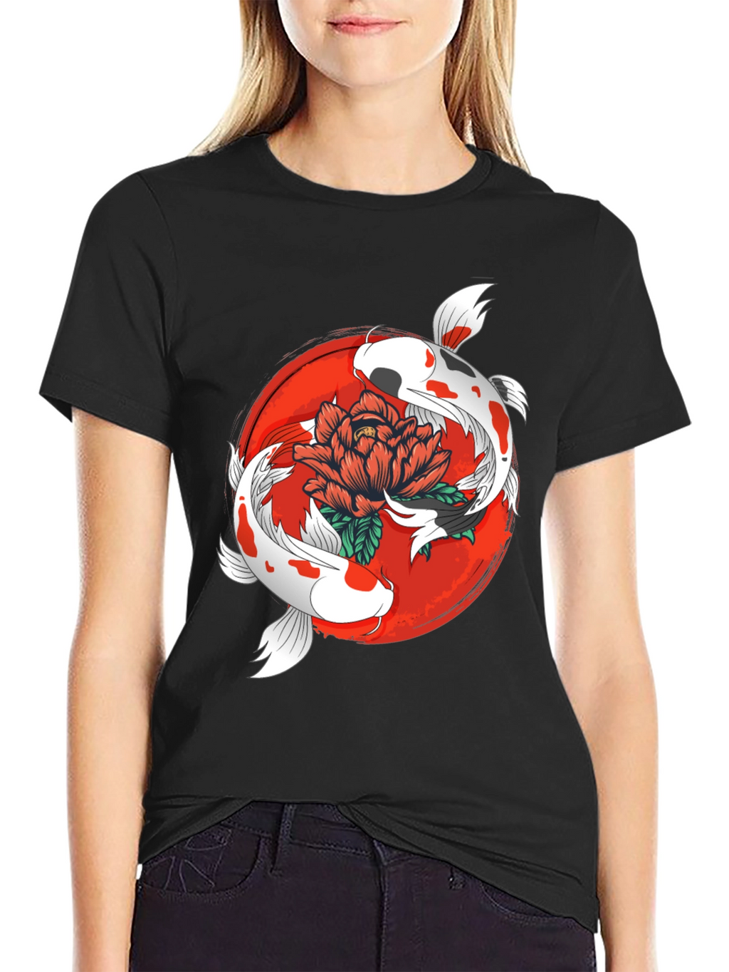 Koi Fish & Floral Graphic Black T-Shirt