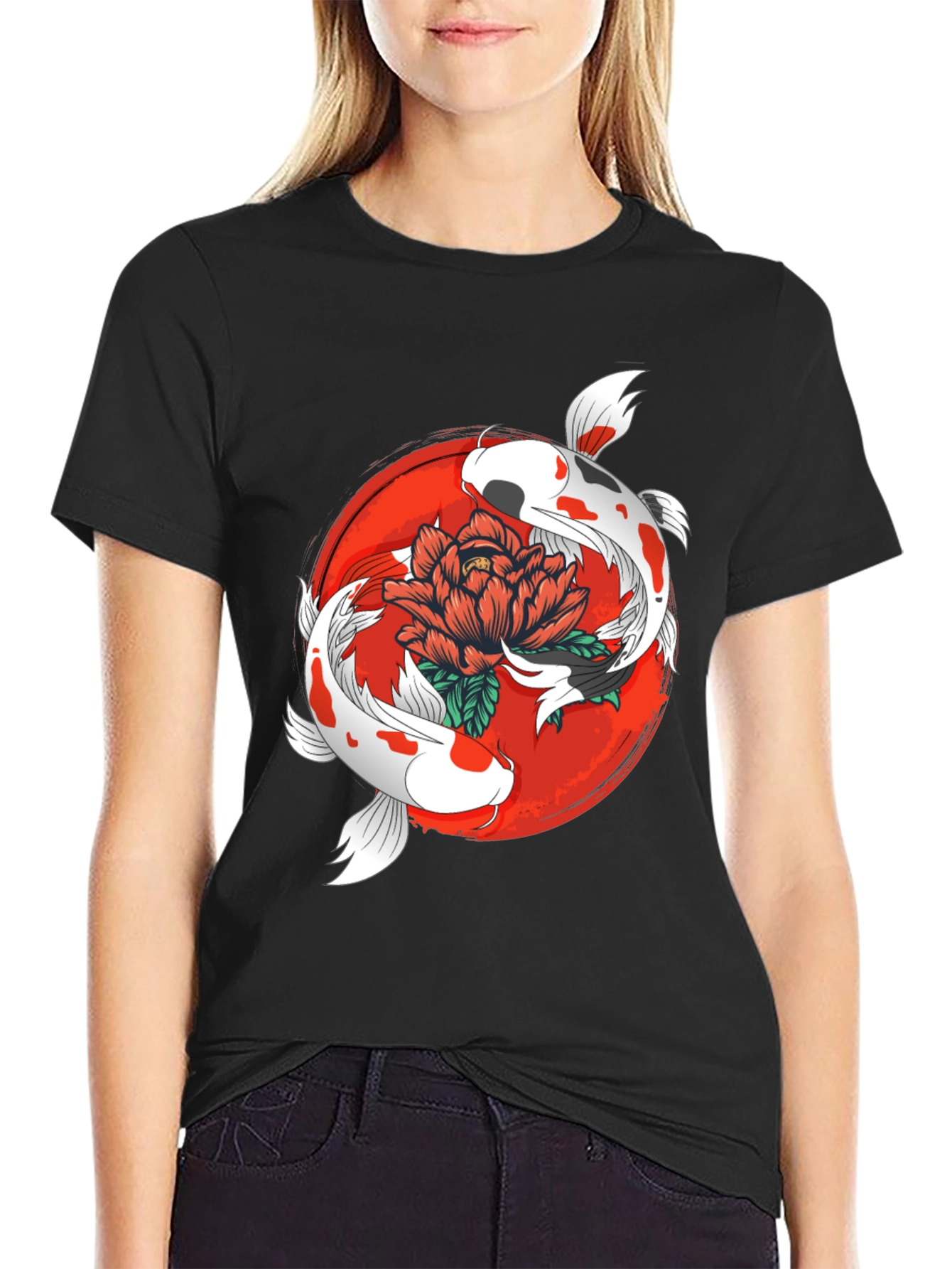 Koi Fish & Floral Graphic Black T-Shirt